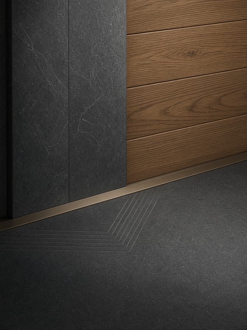 Close detail of charcoal stone, oak grain, and champagne metal