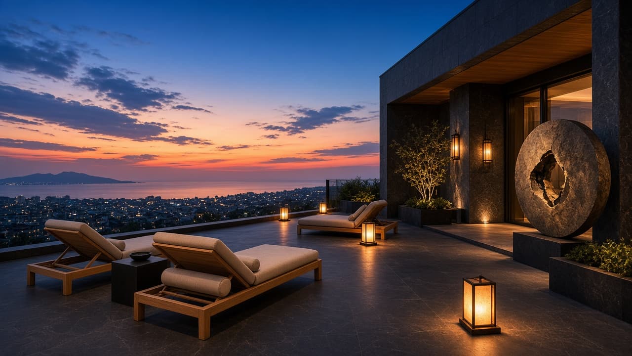 NORU rooftop terrace at blue hour