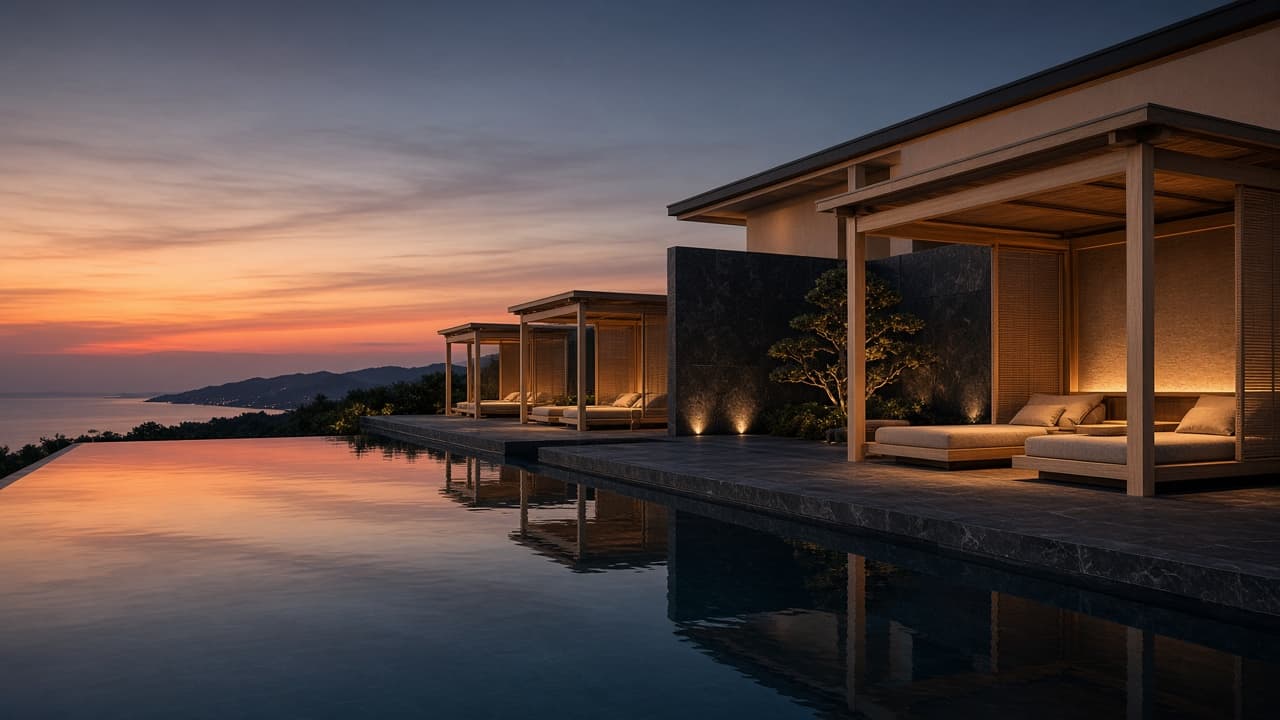 NORU pool at dusk with charcoal stone edge