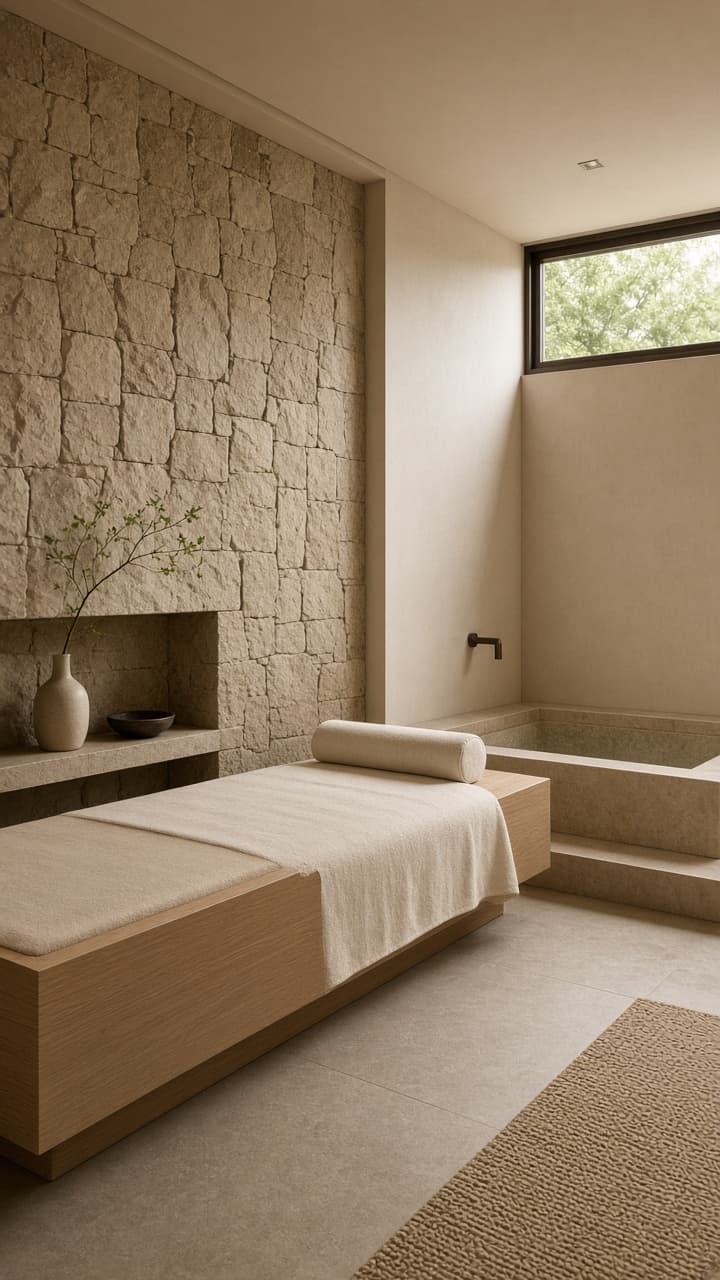 NORU spa treatment room in natural stone and oak